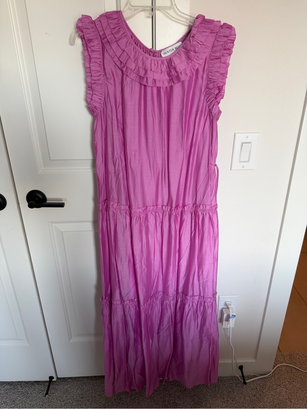 Hunter Bell Women’s Pink Ruffle Sleeve Tiered Dress with tie waist
